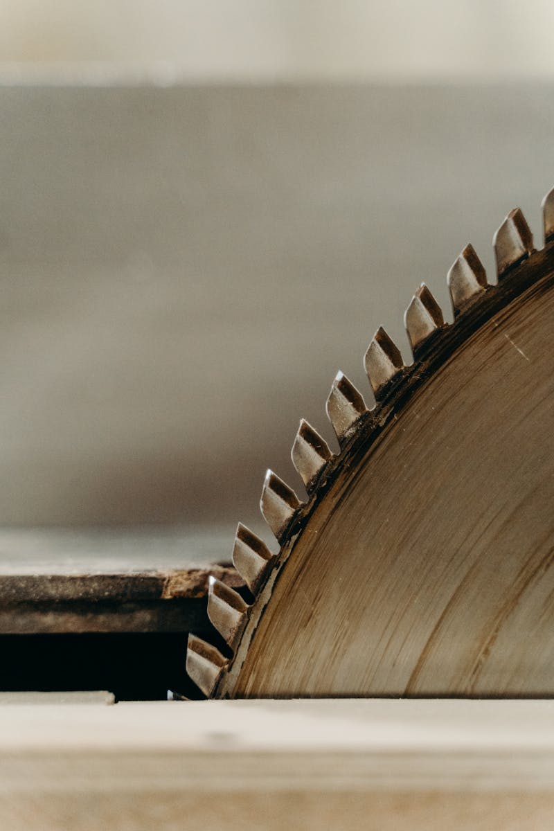 Detailed close-up shot of a sharp circular saw blade partly in motion.